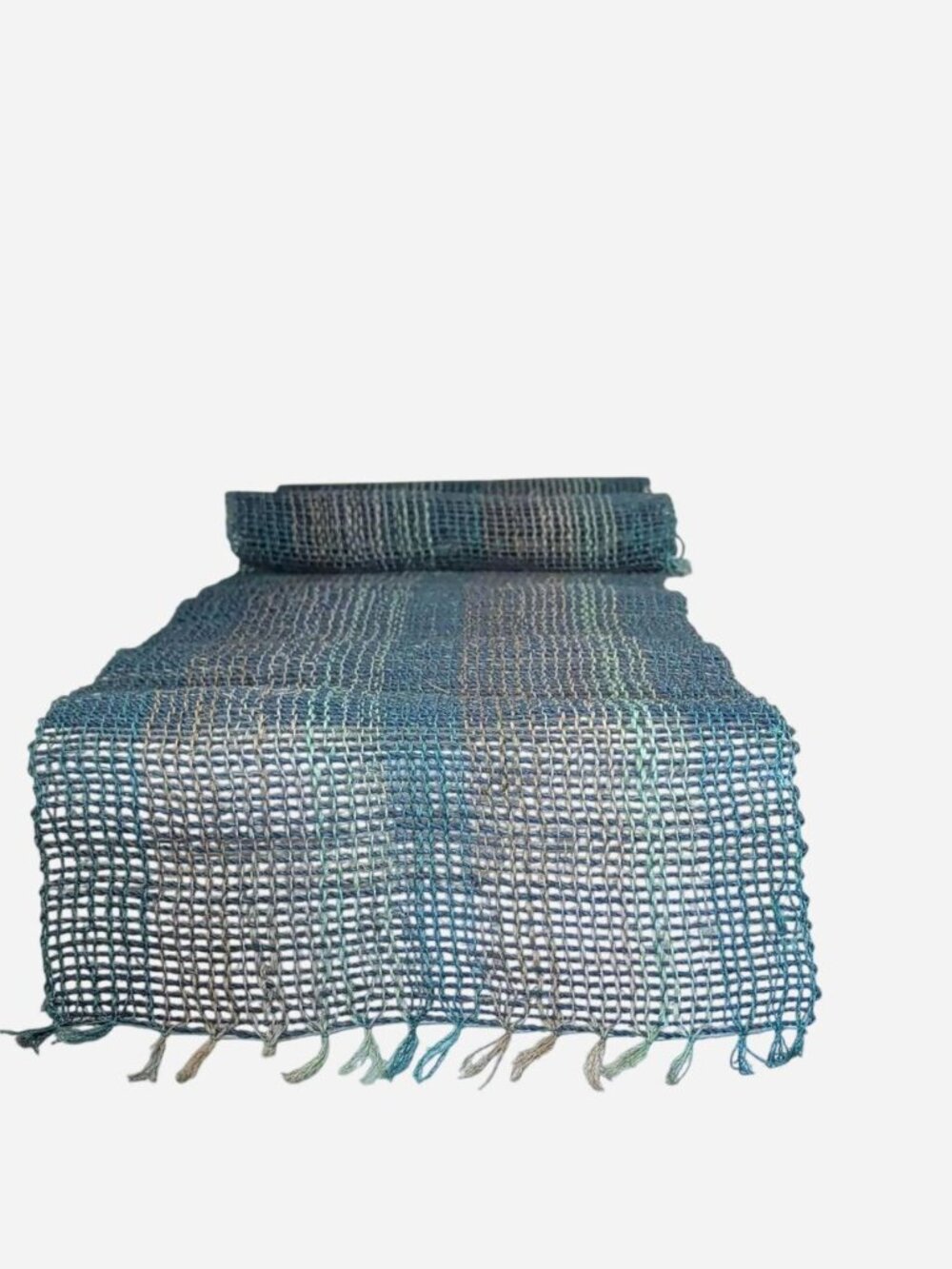 Handwoven Blue-Green Open Weave Table Runner 15x70"